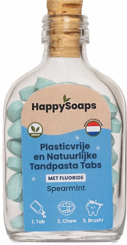 HappySoaps - Tandpasta Tabs – Met Fluoride – Spearmint - Vegan - Plasticvrij - 62 Tabs 1 HappySoaps - Tandpasta Tabs – Met Fluoride – Spearmint - Vegan - Plasticvrij - 62 Tabs