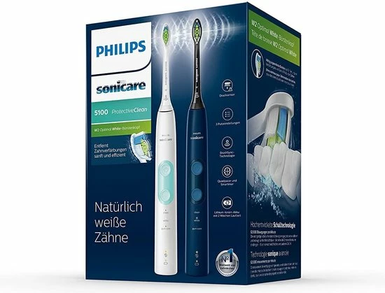 Philips Sonicare ProtectiveClean 5100 Elektrische Tandenborstel HX6851 / 34 Dubbele Verpakking - 2 Sonische Tandenborstels Met 3 Reinigingsprogramma's, Drukregeling, Reisetuis - Wit / Blauw 2 Philips Sonicare ProtectiveClean 5100 Elektrische Tandenborstel HX6851 / 34 Dubbele Verpakking - 2 Sonische Tandenborstels Met 3 Reinigingsprogramma's, Drukregeling, Reisetuis - Wit / Blauw - Afbeelding 2