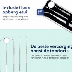 Pitt & Co. Tandarts Setje - Professioneel - Tandsteen Verwijderaar – Mondspiegel – Tandartshaakje – Tandsteenhaakje - Gebitsverzorging – Inclusief Luxe Etui - 6-delig - RVS -Oral B SHOP 550x484 1