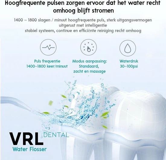 VRL Dental Elektrische Waterflosser - Monddouche - Draadloos - 3 Standen - 4 Opzetstukjes - 300ML Waterreservoir - Incl. Reistasje 6 VRL Dental Elektrische Waterflosser - Monddouche - Draadloos - 3 Standen - 4 Opzetstukjes - 300ML Waterreservoir - Incl. Reistasje - Afbeelding 6