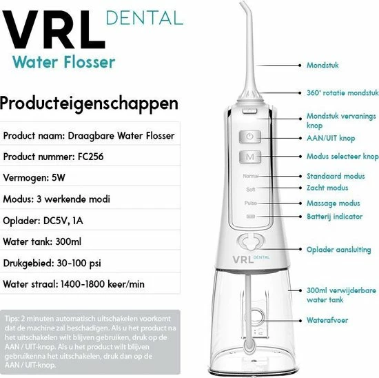 VRL Dental Elektrische Waterflosser - Monddouche - Draadloos - 3 Standen - 4 Opzetstukjes - 300ML Waterreservoir - Incl. Reistasje 4 VRL Dental Elektrische Waterflosser - Monddouche - Draadloos - 3 Standen - 4 Opzetstukjes - 300ML Waterreservoir - Incl. Reistasje - Afbeelding 4