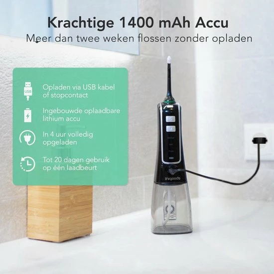 LifeGoods Waterflosser - Elektrisch - 3 Standen - 4 Opzetstukjes - 300 Ml Tank - Zwart 4 LifeGoods Waterflosser - Elektrisch - 3 Standen - 4 Opzetstukjes - 300 Ml Tank - Zwart - Afbeelding 4
