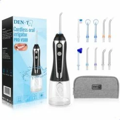DEN-T? Waterflosser PRO V500 - 300ML - 5 Standen - 10 Opzetstukjes - Monddouche - Flosapparaat - Zwart -