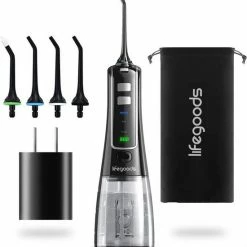 LifeGoods Waterflosser - Elektrisch - 3 Standen - 4 Opzetstukjes - 300 Ml Tank - Zwart