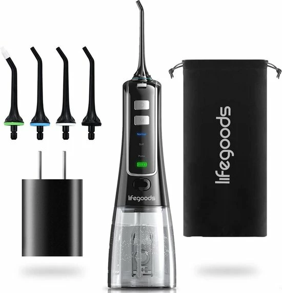 LifeGoods Waterflosser - Elektrisch - 3 Standen - 4 Opzetstukjes - 300 Ml Tank - Zwart 1 LifeGoods Waterflosser - Elektrisch - 3 Standen - 4 Opzetstukjes - 300 Ml Tank - Zwart