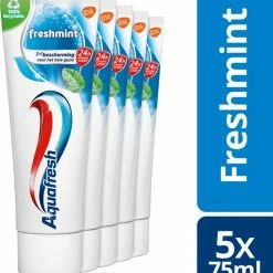 Aquafresh Freshmint - Tandpasta - Voor Een Frisse Adem - Voordeelverpakking - Recyclebare Plastic Tube En Dop -5 X 75ml