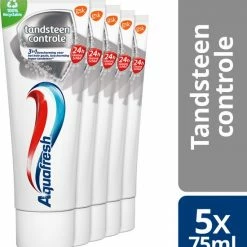 Aquafresh Tandsteen Controle Tandpasta Voor Gezonde Tanden Voordeelverpakking 5x75ml, Recyclebare Plastic Tube En Dop